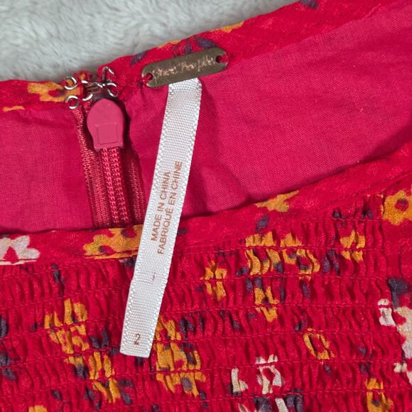 Free People Red Floral Tunic Mini Dress Size 2 Court Me With Flowers BOHO Whimsy - Picture 3 of 9